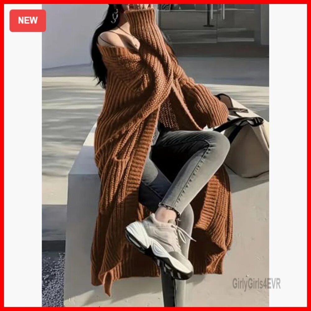 Long Sleeve Cardigan Sweater Open Front Duster Pockets Oversized - Picture 4 of 7